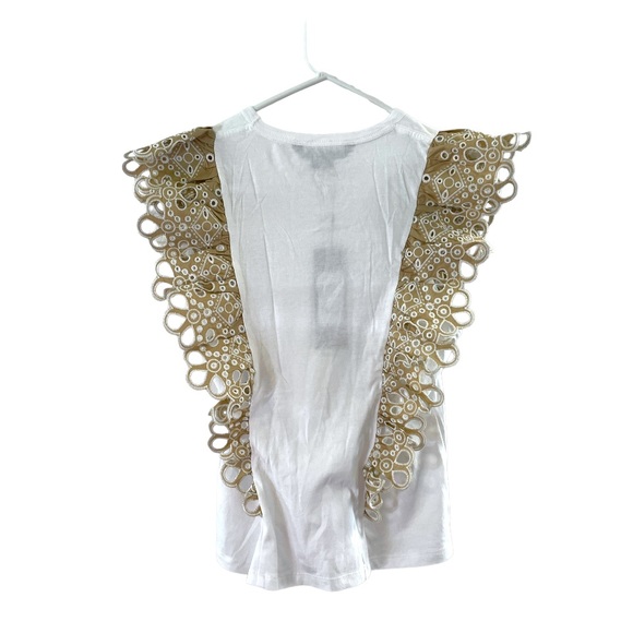 Veronica Beard Jadi Eyelet Ruffle Tee White & Light Khaki, Size S - Picture 11 of 11